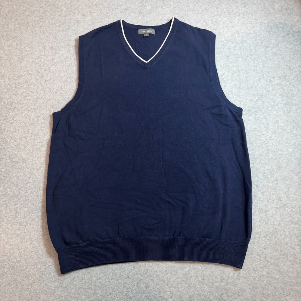 Merona Mens XL Navy Blue V-Neck Sweater Vest White Tipped Trim 100% Cotton